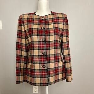 Talbots Petite Plaid Wool Blend Blazer Red Tan Tartan Jacket Womens 8P